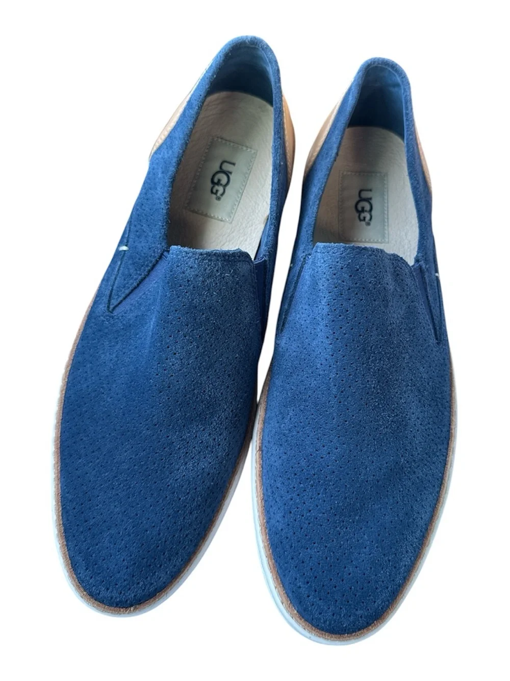 UGG Navy Suede Slip-On Loafers with Tan and White Sole